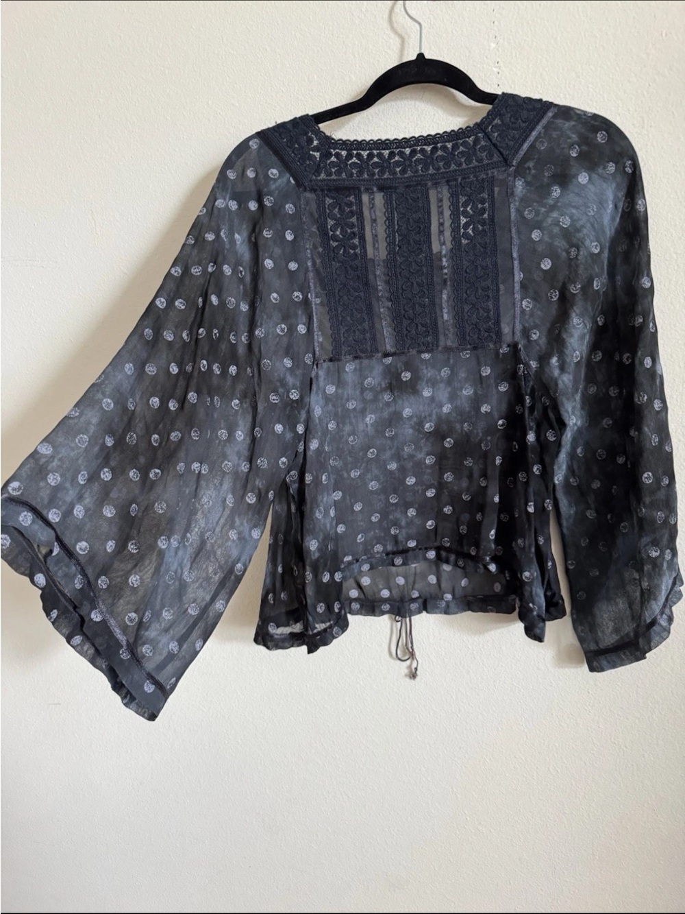 Free People New Romantics Navy Blue Sheer Boho Flowy Sleeve Crochet Top S - Picture 2 of 7